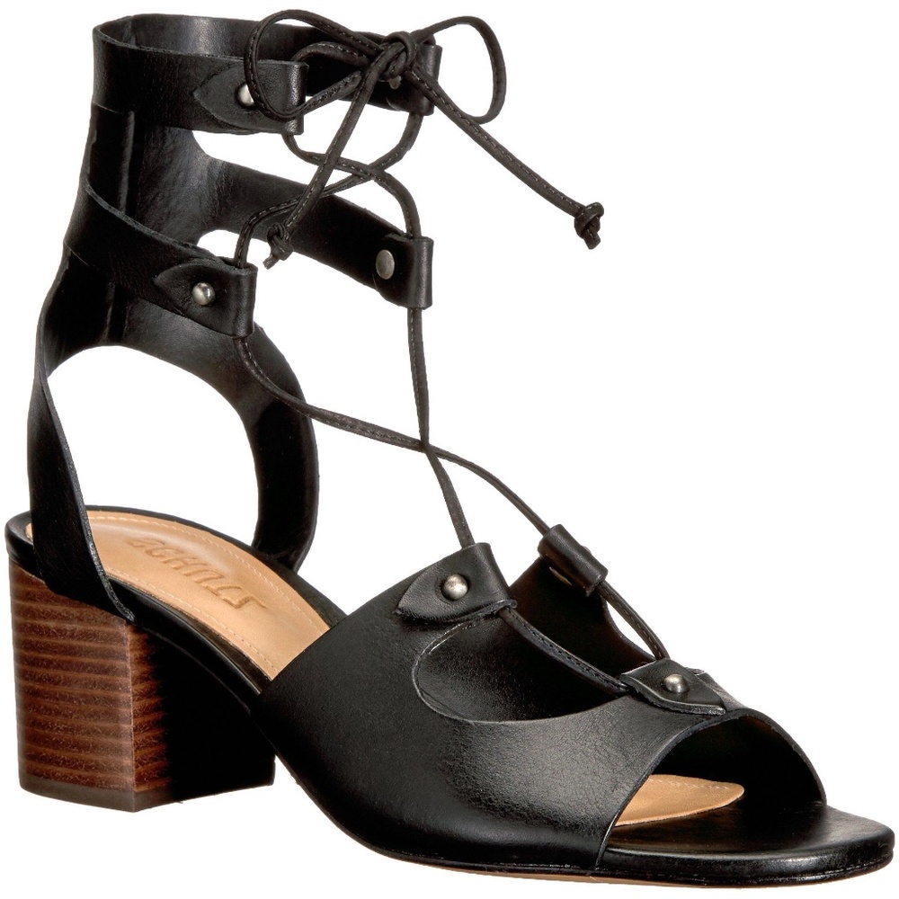 Schutz Monik Black Leather Gladiator Block Heel Sandal Open toe Ankle Strap Pump